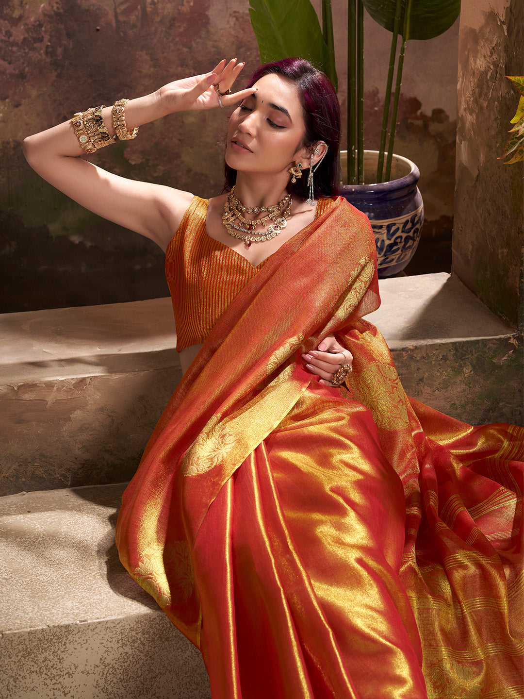 Red Tissue Silk Adorned With Gorgeous Woven Butta Saree With Blouse Piece