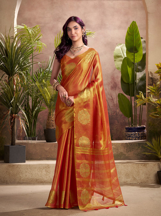 Red Tissue Silk Adorned With Gorgeous Woven Butta Saree With Blouse Piece
