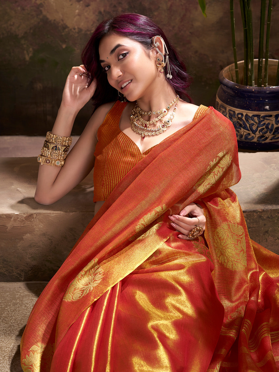 Red Tissue Silk Adorned With Gorgeous Woven Butta Saree With Blouse Piece