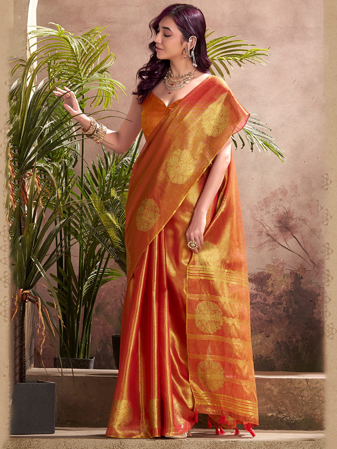 Red Tissue Silk Adorned With Gorgeous Woven Butta Saree With Blouse Piece