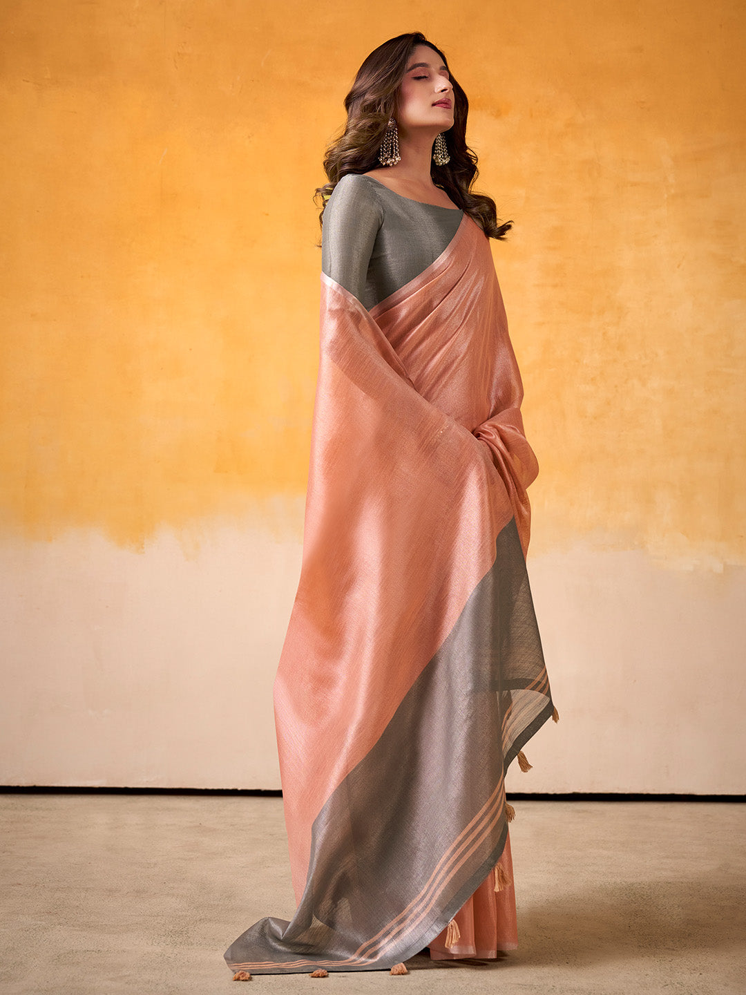 Rustic Peach Banarasi Tissue Silk Saree With Blouse Piece