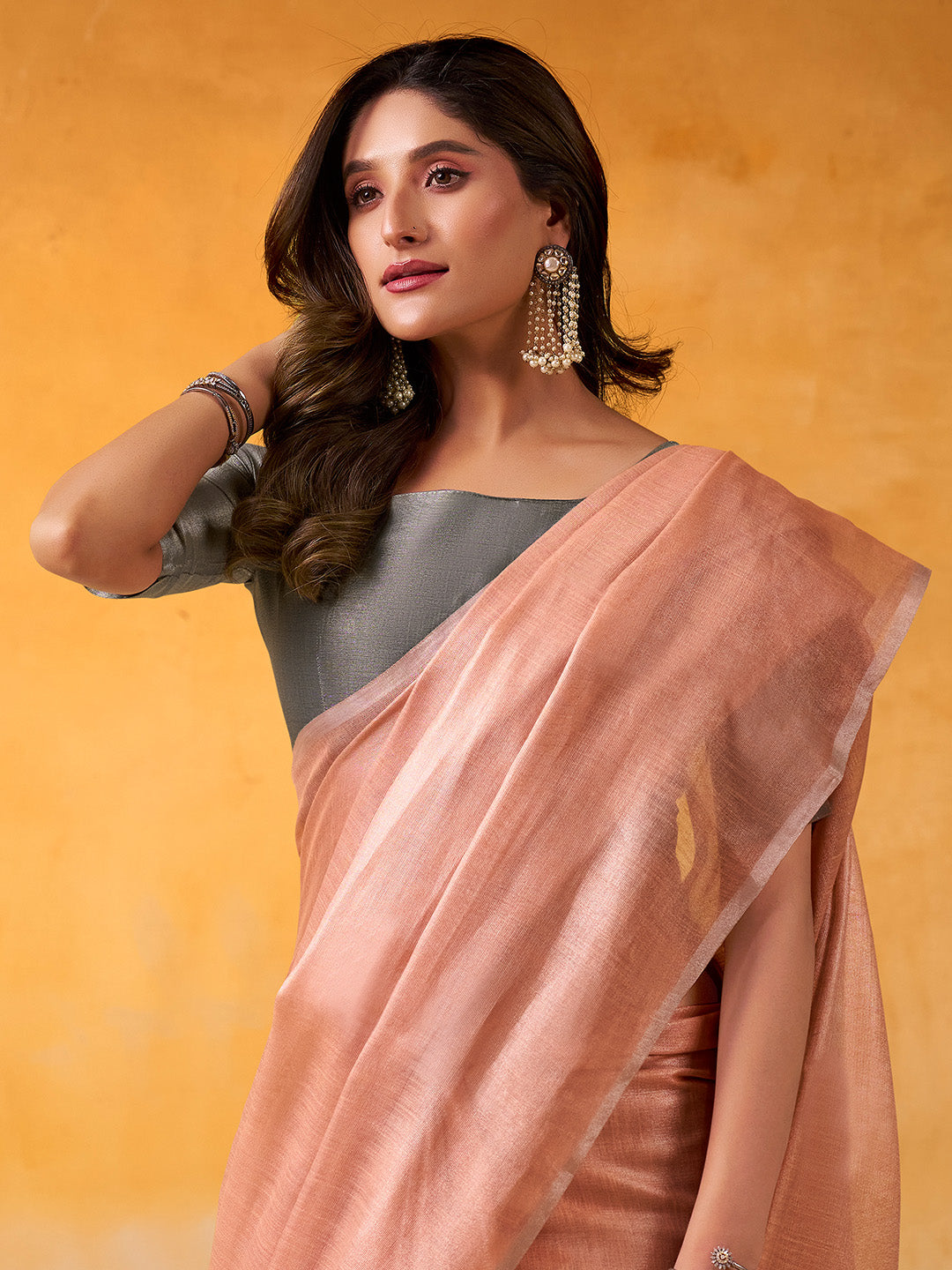 Rustic Peach Banarasi Tissue Silk Saree With Blouse Piece