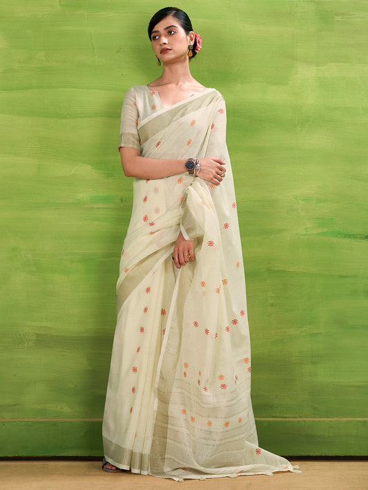 Cream Linen Silk Saree With Blouse Piece